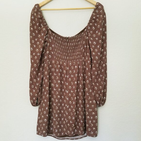 Aritzia Sunday Best Delilah Floral Long Sleeve Mini Dress M Brown Ditsy Milkmaid - Picture 6 of 16